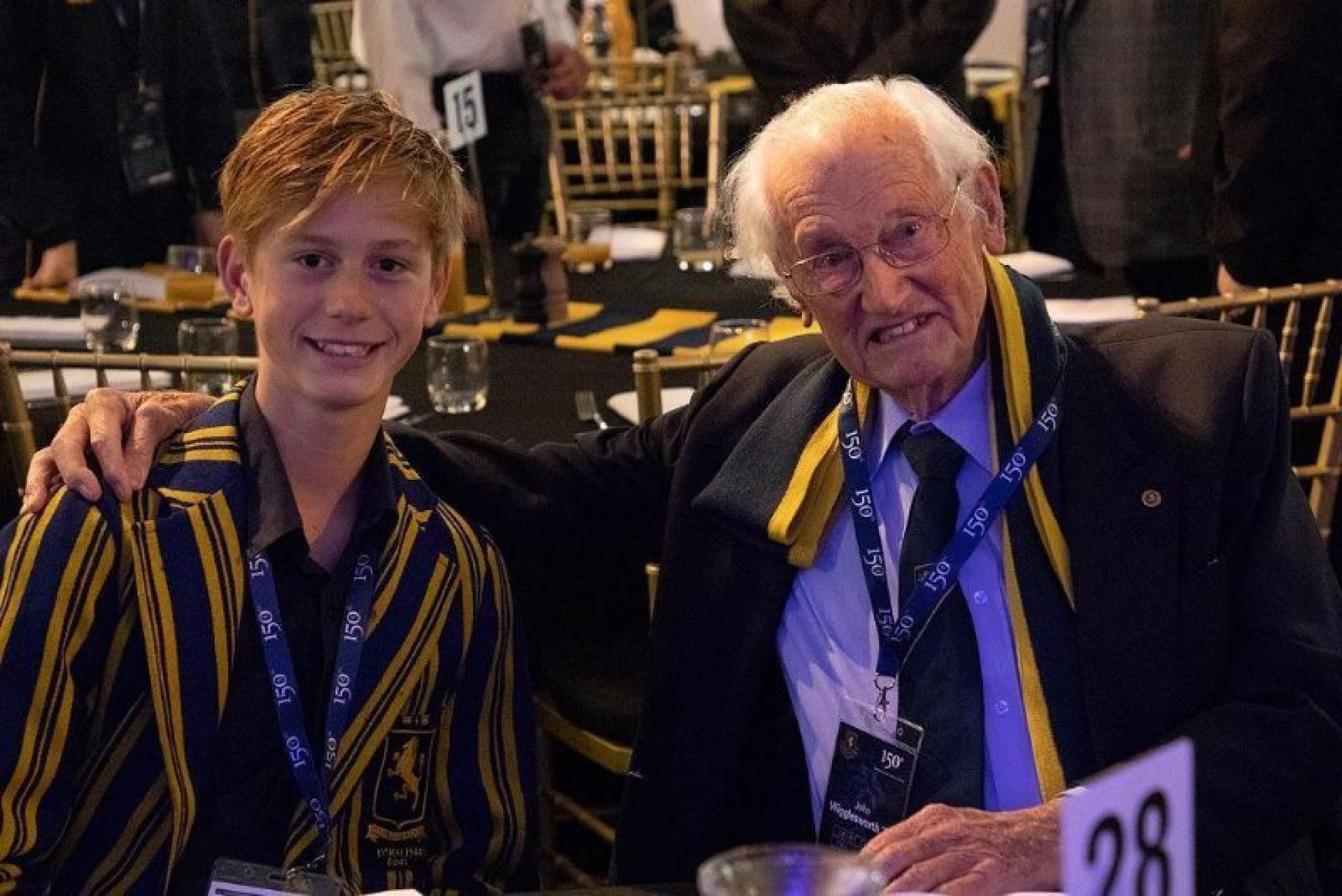 Old Boy John Wigglesworth '42 with Grandson Max at the Intergenerational Breakfast during the 150th celebrations